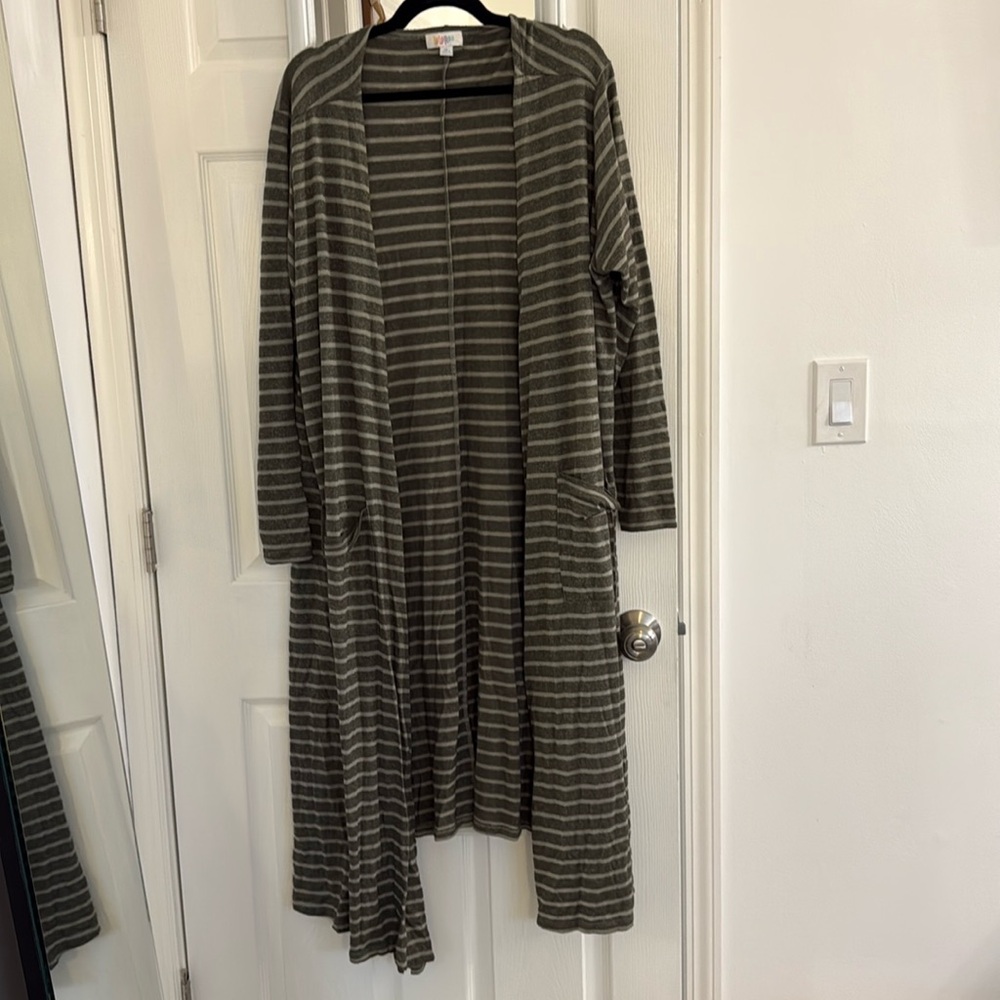 LuLaRoe Long Duster Cardigan Army Green Stripe